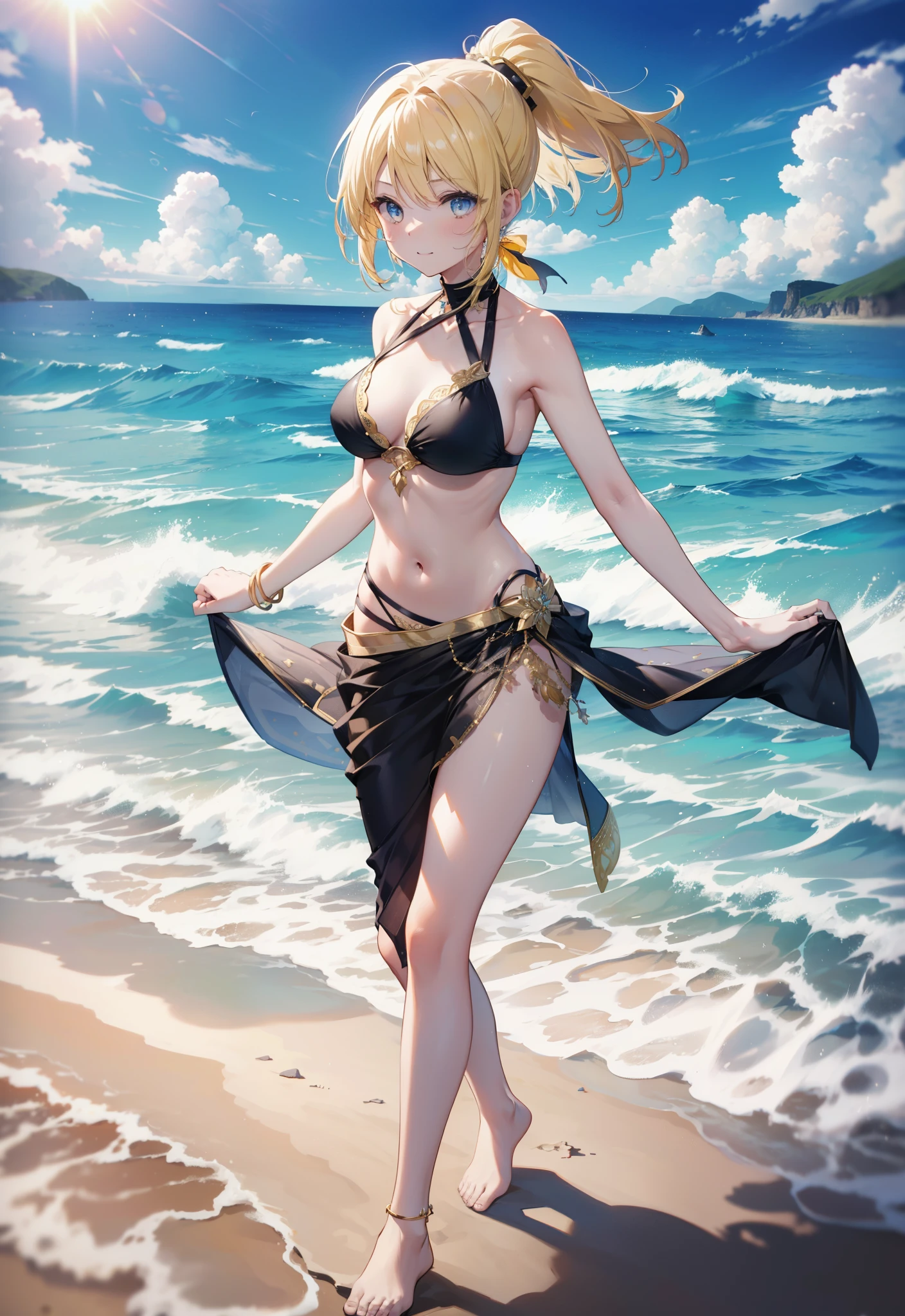 Eliase, catalyst, Yellow Hair, blue eyes, ponytail, Hair Ribbon, Open your mouth,clavicle,smile,Bikini Swimwear,barefoot,pararel, A thin skirt tied around the waist,belly button,abdomen, Dancer, gold belly Dancer,whole bodyがイラストに入るように,Stroll along the sandy beach,
break outdoors, Beach,
break looking at viewer, whole body,
break (masterpiece:1.2), Highest quality, High resolution, unity 8k wallpaper,, (shape:0.8), (Beautiful attention to detail:1.6), Highly detailed face, Perfect lighting, Extremely detailed CG, (Perfect hands, Perfect Anatomy),