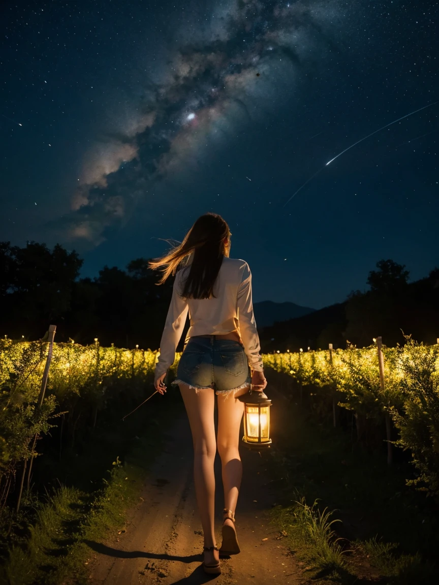 a girl, (hand holding a lantern), walking in the field, it was dark, fireflies around.  She wears short country clothes, has a beautiful figure, beautiful breasts, and a beautiful butt, long beautiful legs, (full body shot), The night sky is full of stars.