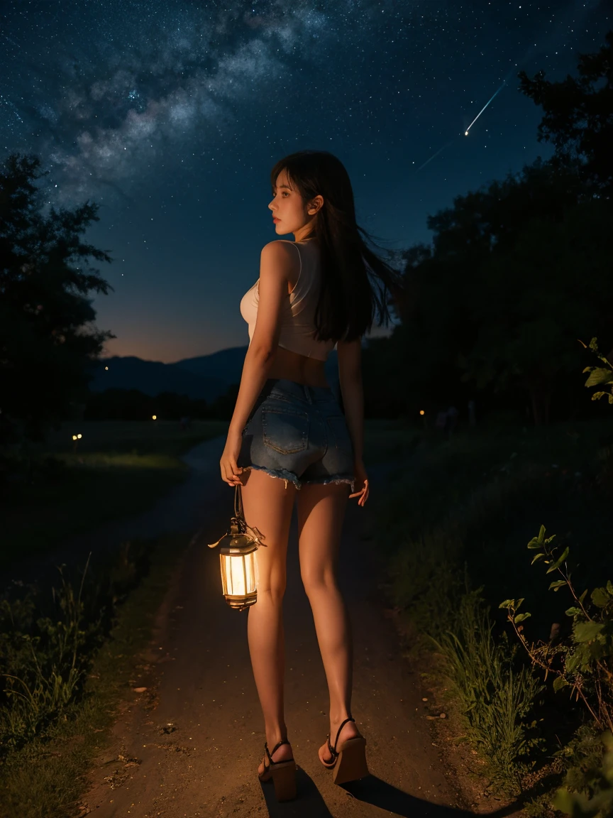 a girl, (hand holding a lantern), walking in the field, it was dark, fireflies around.  She wears short country clothes, has a beautiful figure, beautiful breasts, and a beautiful butt, long beautiful legs, (full body shot), The night sky is full of stars.