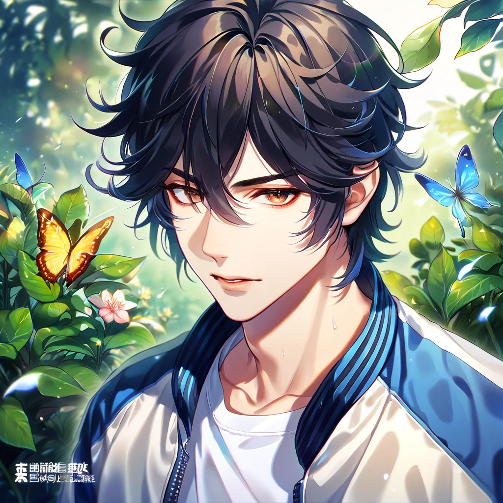 absurdres, highres, ultra detailed, HDR, master piece, best quality, extremely detailed face, delicated features, Cheng Xiaoshi, black hair, has curly hair that parts just above his left eye, expressive brown eyes, Shíguāng Dàilǐrén, solo, sexy man, handsome, steel blue letterman jacket, white T-shirt, fantasy, magical, butterflies, summer, green leaves, flowers, water