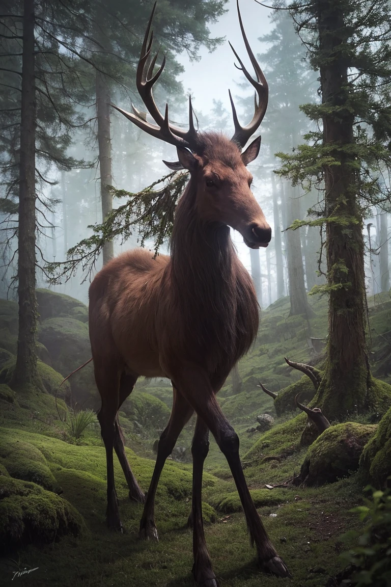 Being fantastic with long legs, powerful arms, blank, white eyes, horns similar to the antlers of an elk, lichens and moss covering its enormous body and passing through the trees of a dark and black forest. Very similar to John Mortensen's style.