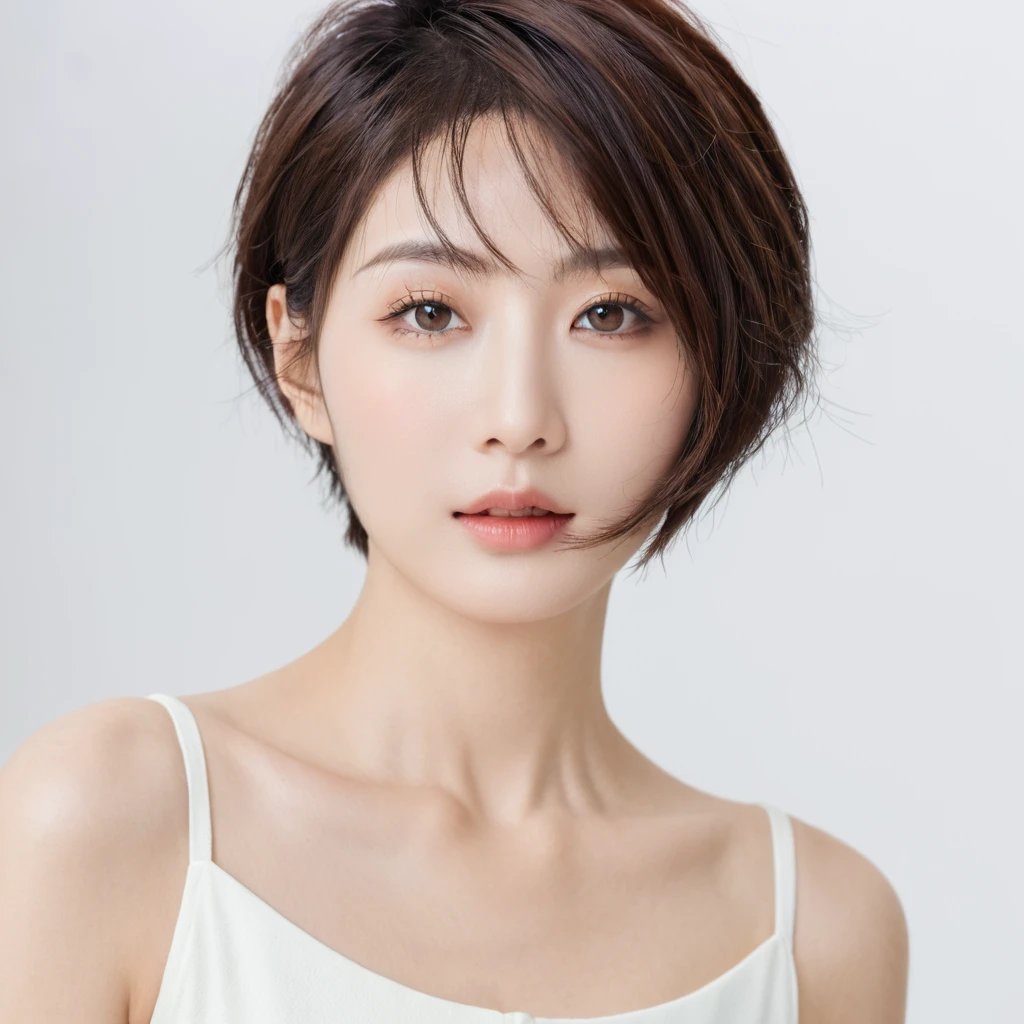 beautiful Japanese woman with short hair , white background