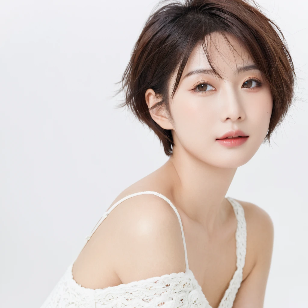 beautiful Japanese woman with short hair , white background
