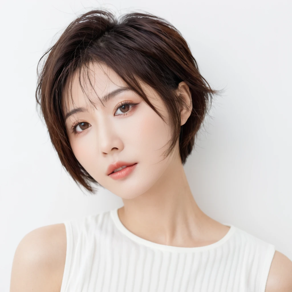 beautiful Japanese woman with short hair , white background
