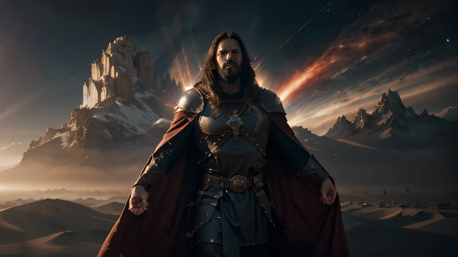 a heavily armored jesus warrior,red cape,hand extended in space,planet earth,powerful divine energy,dramatic lighting,cinematic composition,highly detailed digital painting,photorealistic,epic,ultra detailed,8k,best quality,masterpiece,studio lighting,physically-based rendering,vibrant colors,dramatic chiaroscuro