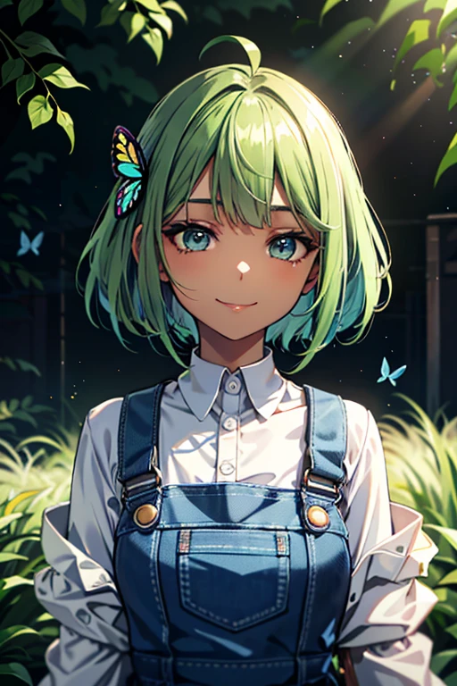 (4K)、((1 woman))、17 years old、Big Ahoge、((Bright green hair))、Short Bob、(((Dark brown skin)))、(((Light blue eyes)))、Wear blue overalls、(Butterfly Hair Ornament)、My hair flutters in the wind、smile、The background is a clay wall、Low outer corner of the eye