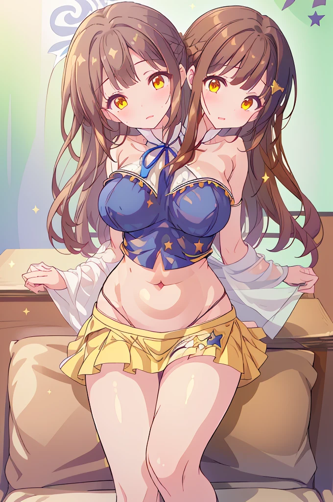 (masterpiece, best quality), best quality, (ultra-detailed), ((3heads:1.5)), 1girl, (star sapphire:1.3), masterpiece, best quality, ultra quality, ultra resolution, ultra detail, white top, crop top, ((stomach)), midriff, ((groin)), open midriff, white and blue skirt, miniskirt, normal ears, shackles, dark brown hair, ((brunette)), very long hair, wavy hair, sidelocks, yellow eyes, detailed eyes, parted lips, fairy wings, sweat, cute, open belly, toned belly, hand on own chest, eyelashes, (24 year old woman:1.3), (masterpiece:1.5), (best quality:1.5), (beautiful detailed), extremely detailed CG, extremely delicate and beautiful, depth of field, (finely detailed face), (perfect details:1.2), (mature female:1.3), wide pelvis, slender, large veiny breast, 16k resolution, highres, high quality, high definition, extremely detailed, masterpiece, dark brown hair, long hair, alluring presence, braid, short skirt, miniskirt, close up, very big tits, huge tits, young, blue ribbon attached to the hair, butterfly-shaped wings, open belly, midriff, nsfw, bare stomach, girl with three heads, three headed girl,