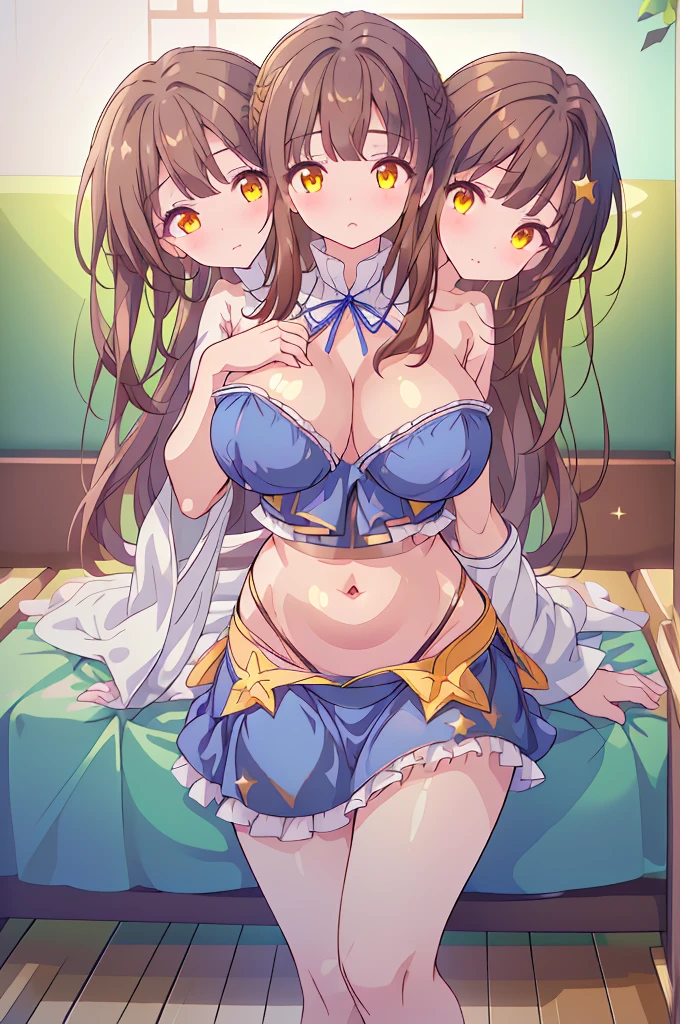 (masterpiece, best quality), best quality, (ultra-detailed), ((3heads:1.5)), 1girl, (star sapphire:1.3), masterpiece, best quality, ultra quality, ultra resolution, ultra detail, white top, crop top, ((stomach)), midriff, ((groin)), open midriff, white and blue skirt, miniskirt, normal ears, shackles, dark brown hair, ((brunette)), very long hair, wavy hair, sidelocks, yellow eyes, detailed eyes, parted lips, fairy wings, sweat, cute, open belly, toned belly, hand on own chest, eyelashes, (24 year old woman:1.3), (masterpiece:1.5), (best quality:1.5), (beautiful detailed), extremely detailed CG, extremely delicate and beautiful, depth of field, (finely detailed face), (perfect details:1.2), (mature female:1.3), wide pelvis, slender, large veiny breast, 16k resolution, highres, high quality, high definition, extremely detailed, masterpiece, dark brown hair, long hair, alluring presence, braid, short skirt, miniskirt, close up, very big tits, huge tits, young, blue ribbon attached to the hair, butterfly-shaped wings, open belly, midriff, nsfw, bare stomach, girl with three heads, three headed girl,