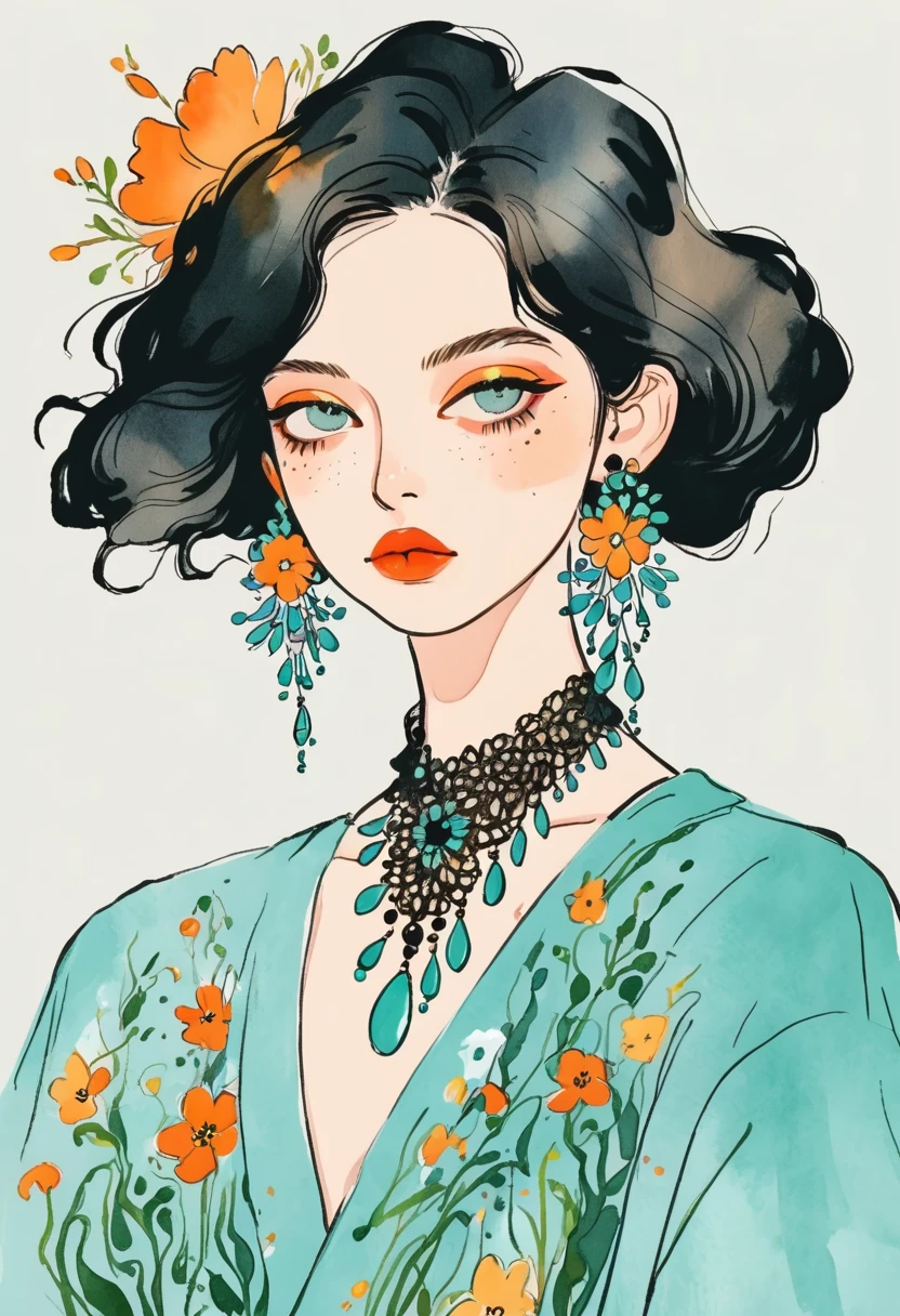 Fashion design sketch：Illustration for girls,Extravagant flower jewelry,solitary , Digital drawing, Fine Hair, (black line)，Illustration style, Digital Illustration, Color Sketch, watercolor Illustration style,