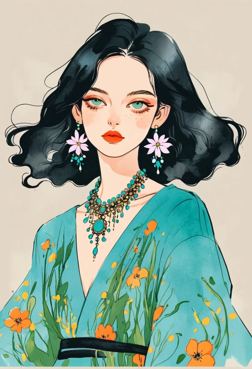 Fashion design sketch：Illustration for girls,Extravagant flower jewelry,solitary , Digital drawing, Fine Hair, (black line)，Illustration style, Digital Illustration, Color Sketch, watercolor Illustration style,