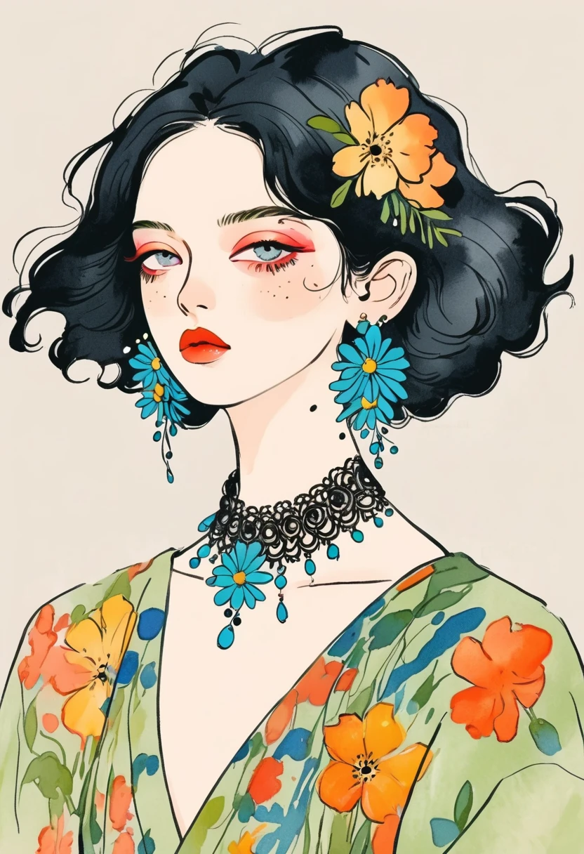 Fashion design sketch：Illustration for girls,Extravagant flower jewelry,solitary , Digital drawing, Fine Hair, (black line)，Illustration style, Digital Illustration, Color Sketch, watercolor Illustration style,