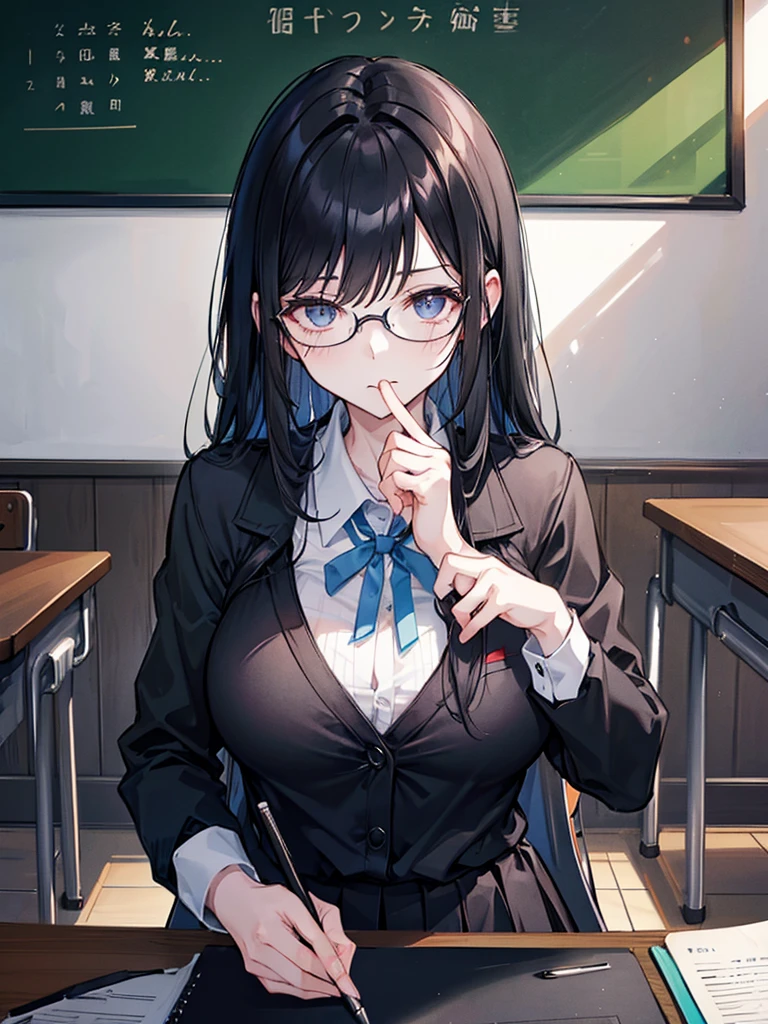 (woman), (long black hair), (Alone.), (turn to the left), (Wear a blue school uniform), (big breasts), Sharp eyes, (Wear glasses), mature, The left hand holds a notebook., right hand pen, in the classroom, The sun shines, Best Performance