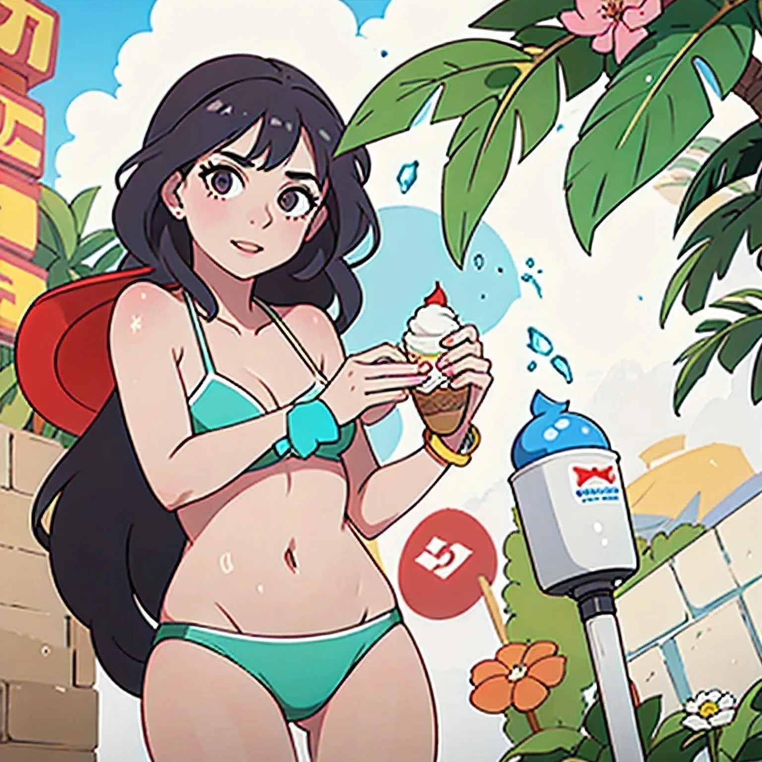 girl in a bikini eating an ice cream cone, eating ice cream, in a bikini, angela white, giorgia meloni, katy perry, in bikini, eating ice - cream, wearing spandex bikini, ice cream on the side, bikini, ice cream, wearing a bikini, candid photo of dirty, shiny plastic bikini, candid shot, cone, 1 girl, solo,in a green dress standing by a wall,portrait of female idol
