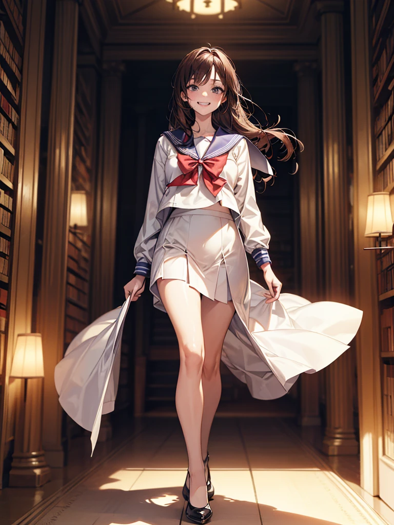 (Biologically correct limb count),Full body, including face,4K,Focus on the masterpiece face,Well-proportioned facial features,Delicate descriptive eyes,One beautiful woman、Excellent style,(White Sailor Suit,skirt),(Grin),Looking down,Photos with white borders,Look away from the camera,National Library,walking