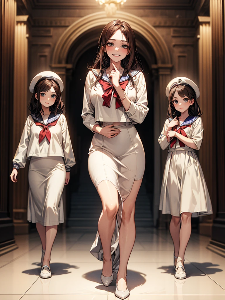 (Biologically correct limb count),Full body, including face,4K,Focus on the masterpiece face,Well-proportioned facial features,Delicate descriptive eyes,One beautiful woman、Excellent style,(White Sailor Suit,skirt),(Grin),Looking down,Photos with white borders,Look away from the camera,National Library,walking