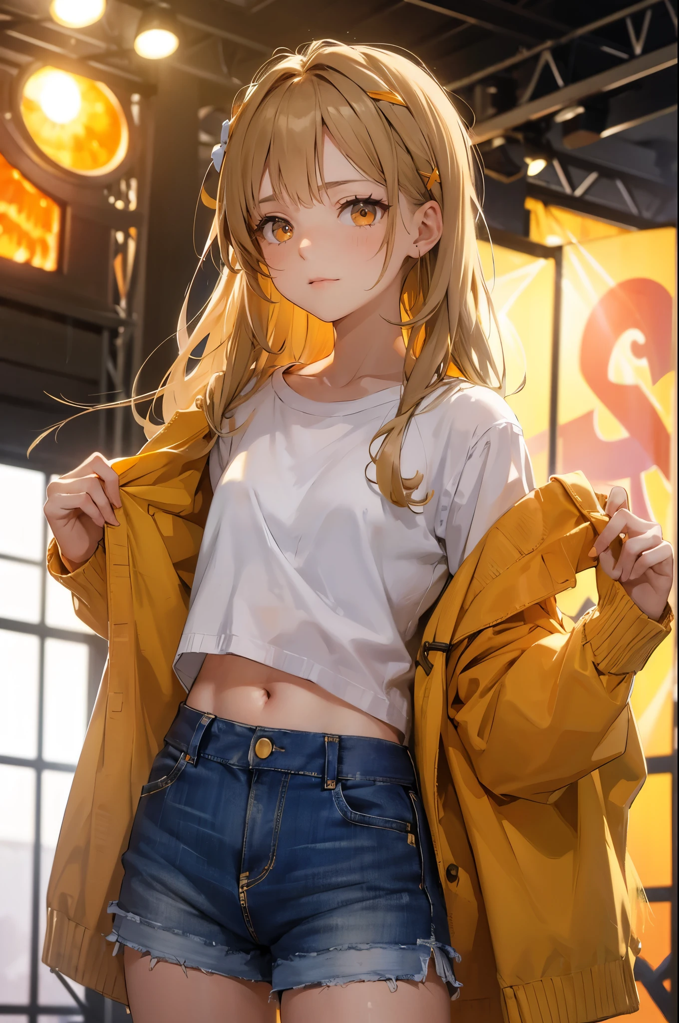 masterpiece, ultra detailed, 8k portrait, RAW photo, portrait photography, Highly detailed face, beautiful and meticulous eyes, (amber color eyes:1.5), 15 years old, standing on the stage, (white short shirt) and (blue shorts), navel, put on long white summer cardigan, cute girl, long hair, cream color long hair, hairpin, young girl, 1girl, cute girl, pretty girl, portrait of cute girl, slim:1.5,