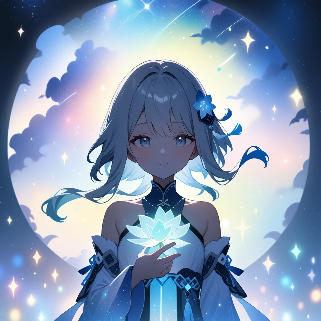 1girl, guizhong_\(genshin_impact\),(grey hair),short_hair_with_long_locks in front and low ponytail in back,(pale grey eyes with seafoam gradient),starry_sky_print,detached_sleeves white outside blue starry inside, hands completely hidden by long sleeves,stunning field of softly glowing cerulean and white glaze lilies,night scene,gentle smile,face focus, eye focus,ladyshadow,moonlight,glossy lips,vivid anime coloring,cel shading,smooth, soft dreamy focus,anklet,halter_top,white clothes,highly detailed,digital painting,bare_shoulders,barefoot,cool night tones, magical night scene,bokeh, professional,anemo colored fireflies,nebula of rainbow and silvery vapor,harmonious blend of nature and art,transcendent beauty,awe-inspiring artwork,(best quality,4k,8k,highres,masterpiece:1.2),matsuryuu and dsmile and agahari,countless glittering stars,cosmic stardust