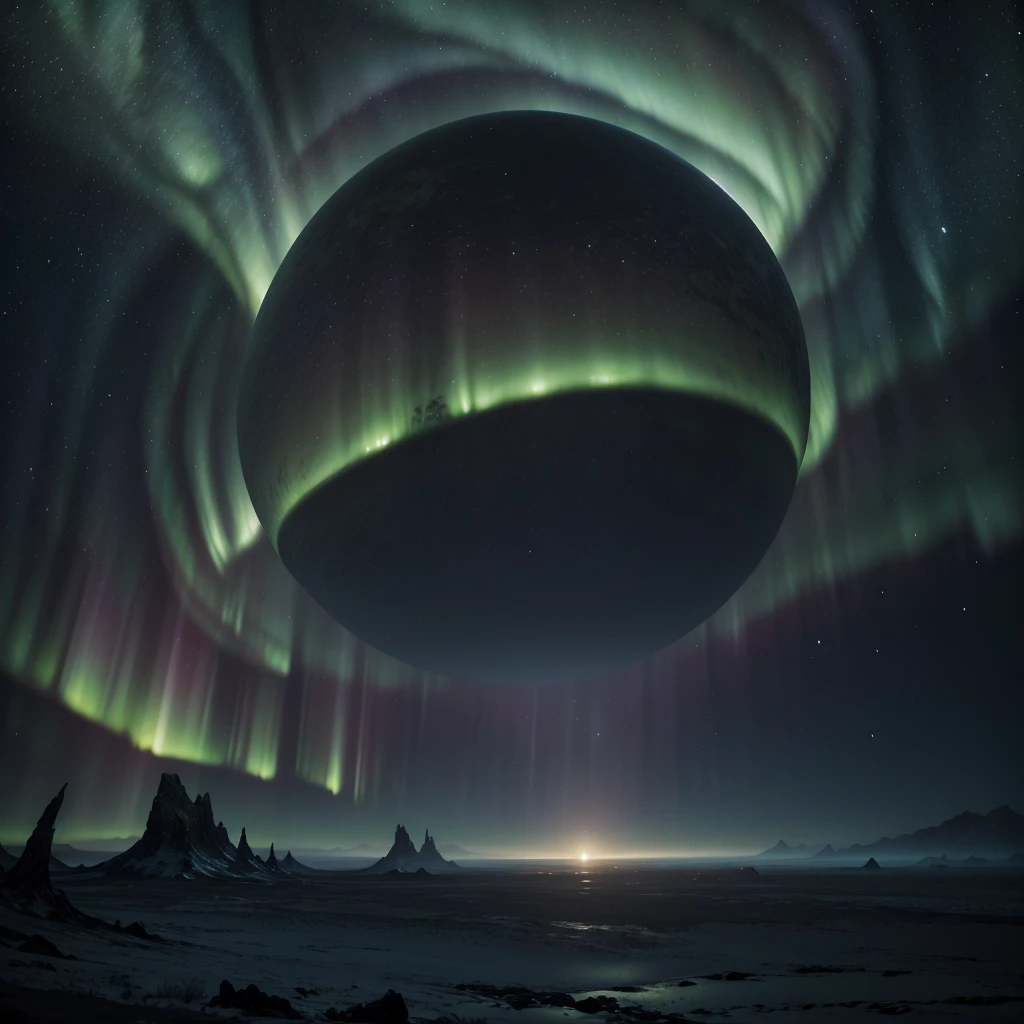 An unknown planet in high quality, with advanced levels of detail and realistic cinematic style. Alien surface with varied terrain, incluindo montanhas, valleys, exotic oceans and unusual vegetation. Sky with bright auroras and two moons visible in the background. Mysterious and bright atmosphere, highlighting the beauty and strangeness of the planet.