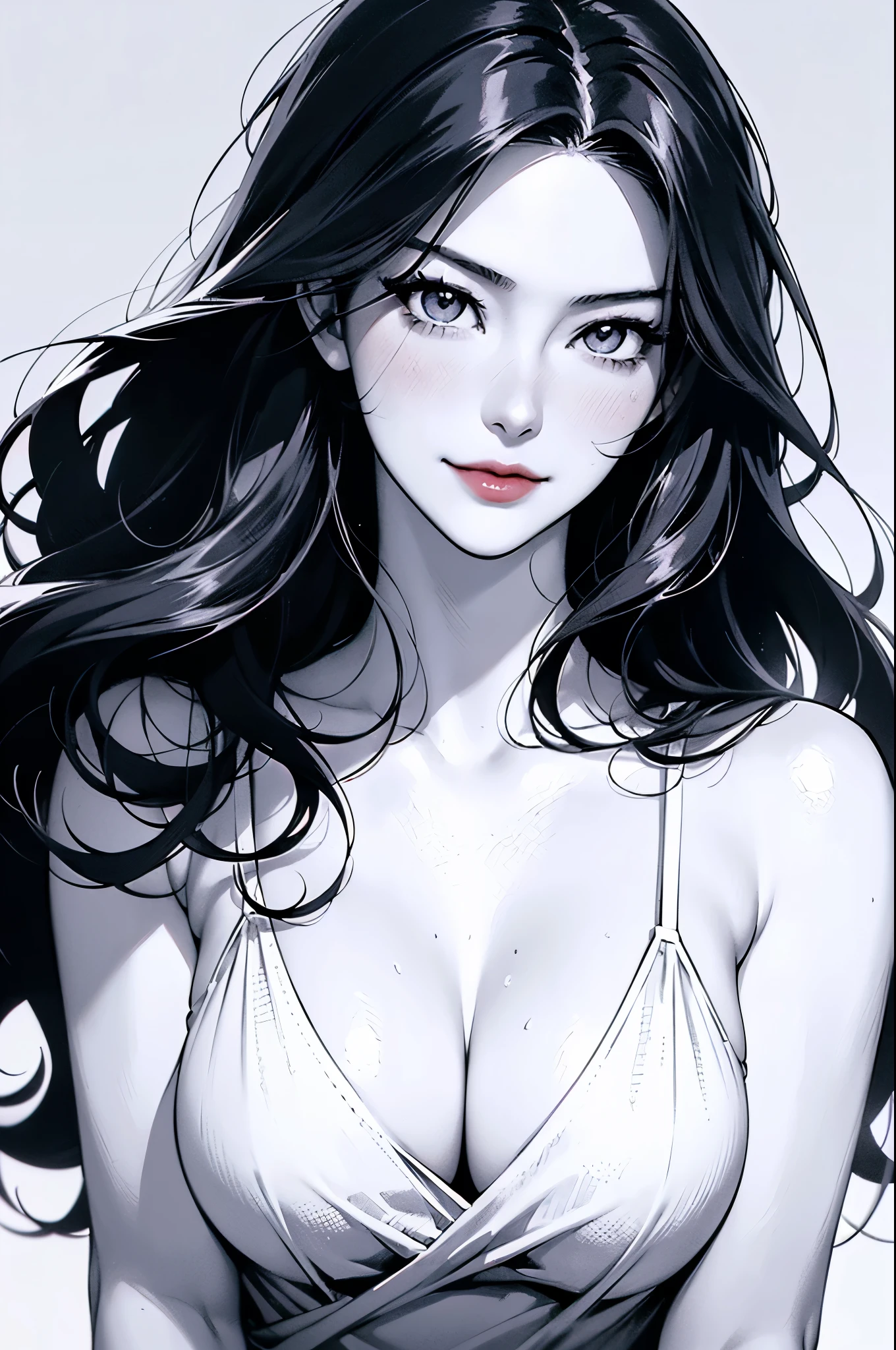 ((Manga illustration)), ((Catherine zeta jones)) full body, solo , long hair, looking at viewer, blush , smile , happy , red lipstick, solo, focus on eyes, plain background, (in vector style), ((monochrome Manga drawing))