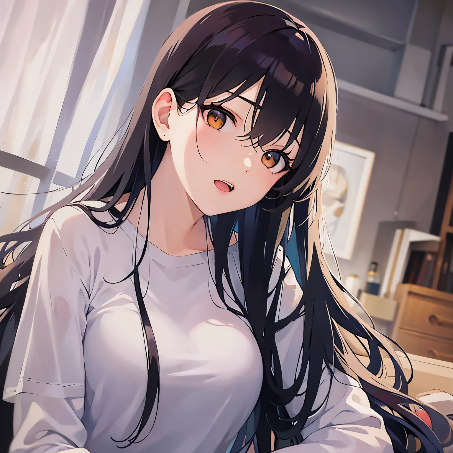 (looking away:1.5),Upper Body,
Realistic, real person, (pale skin: 1.2), RAW photo, photorealistic, shiny skin, shiny hair、
(A 25-year-old woman with medium-length hair and bangs) and (wavy hair) and (brown hair) and (orange eyes) 、
Serious,open mouth,Sitting、White long sleeve shirt、The background is the living room at night