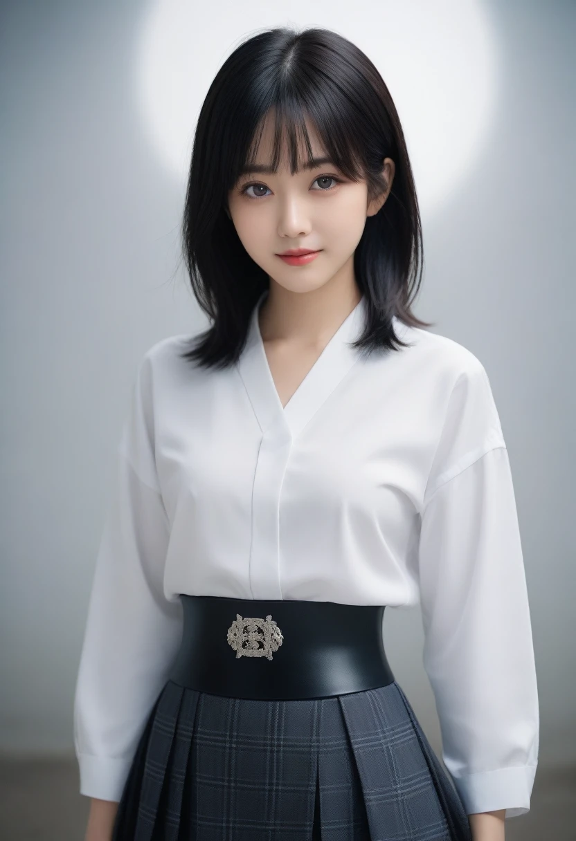 8K, Ultra-high resolution, best quality, masterpiece, 三分割法によるphoto,Surrealism, photo, 1 girl, (16 years old:1.3), pretty girl, Cute face, Beautiful eyes in every detail, 細かくdetailedに,masterpiece,, A girl:1.2, Japanese female announcer,whole body,(absurd, High Fantasy Art, Best HD Graphics, 注意深くdetailedに, 非常にdetailedな特徴と質感), Solo Character, 16 years oldの野蛮な少女, She has short black hair, Purple Eyes,Black pupil, flat chest, Slim texture, Thin lips, White skin, (Kilt, Grey leather shirt, silver meral belt between her Kilt and belly), Confident posture, Very serious face, A humorless Irish cabin,Furnished with ancient Greek and Celtic furniture, Attractive thighs, Sensual,A carefree smile,Heal the mind,Black Hair,Short Bob,Looking at the audience、beauty,Long Neck、Smile、Please close your mouth and smile、(((Ideal body shape))),A cup small breasts :2,、image:2、Perfect anatomical structure、鮮明なdetailed、detailed、Surrealism、Light and Shadow,glare