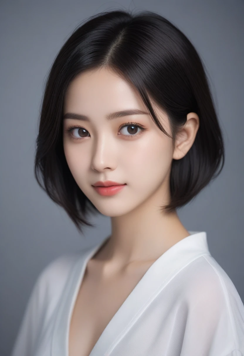 8K, Ultra-high resolution, best quality, masterpiece, 三分割法によるphoto,Surrealism, photo, 1 girl, (16 years old:1.3), pretty girl, Cute face, Beautiful eyes in every detail, 細かくdetailedに,masterpiece,, A girl:1.2, Japanese female announcer,whole body,(absurd, High Fantasy Art, Best HD Graphics, 注意深くdetailedに, 非常にdetailedな特徴と質感), Solo Character, 16 years oldの野蛮な少女, She has short black hair, Purple Eyes，Black pupil, flat chest, Slim texture, Thin lips, White skin, (Kilt, Grey leather shirt, silver meral belt between her Kilt and belly), Confident posture, Very serious face, A humorless Irish cabin，Furnished with ancient Greek and Celtic furniture, Attractive thighs, Sensual,A carefree smile,Heal the mind,Black Hair,Short Bob,Looking at the audience、beauty,Long Neck、Smile、Please close your mouth and smile、(((Ideal body shape))),A cup small breasts :2,、image:2、Perfect anatomical structure、鮮明なdetailed、detailed、Surrealism、Light and Shadow,glare 