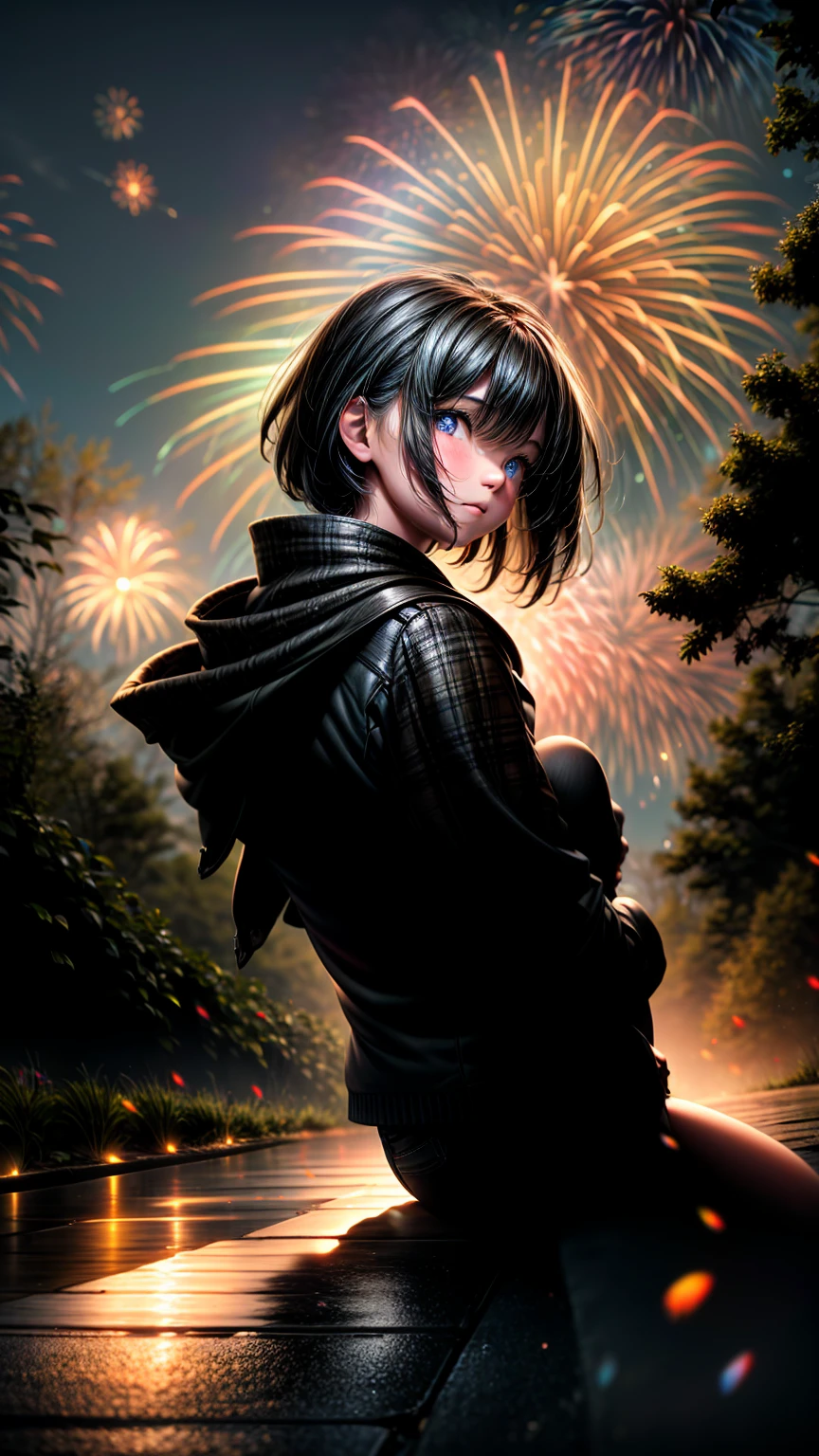 Low angle shot、Beautiful countryside、Girl sitting and looking up at fireworks