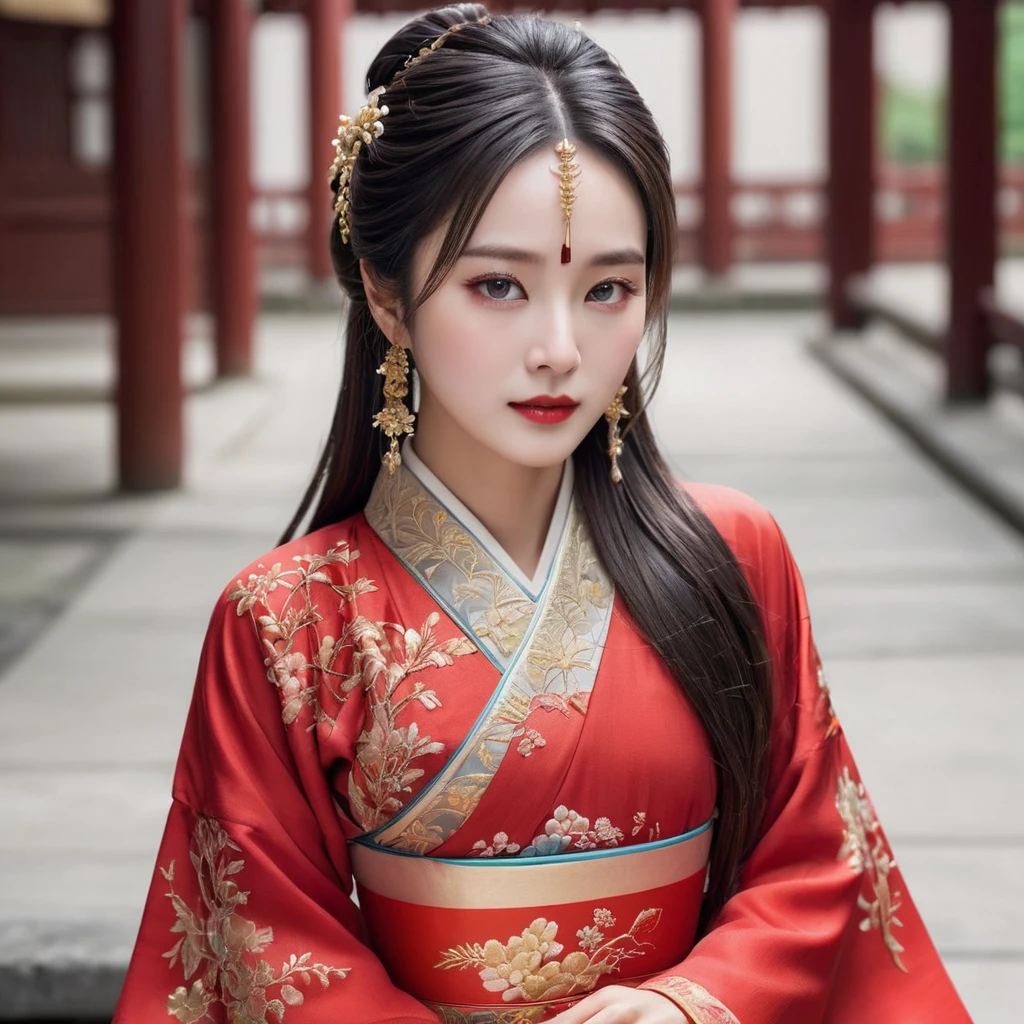 ((Highest quality)), ((masterpiece)), (detailed), (Perfect Face)、The woman has her medium-long hair tied up and is wearing a gorgeous red Hanfu with gold embroidery and trim, and is lavishly dressed with gorgeous accessories and an engagement ring.