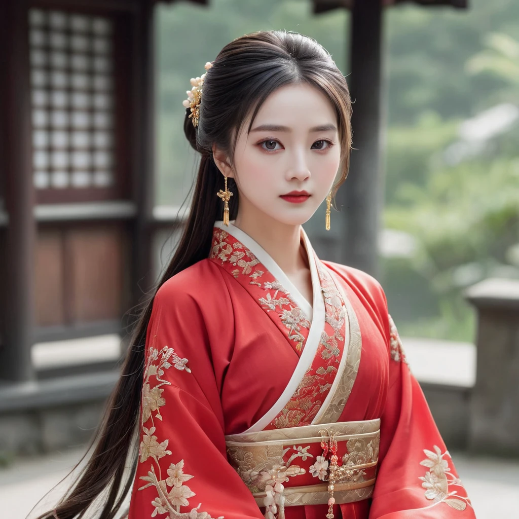 ((Highest quality)), ((masterpiece)), (detailed), (Perfect Face)、The woman has her medium-long hair tied up and is wearing a gorgeous red Hanfu with gold embroidery and trim, and is lavishly dressed with gorgeous accessories and an engagement ring.