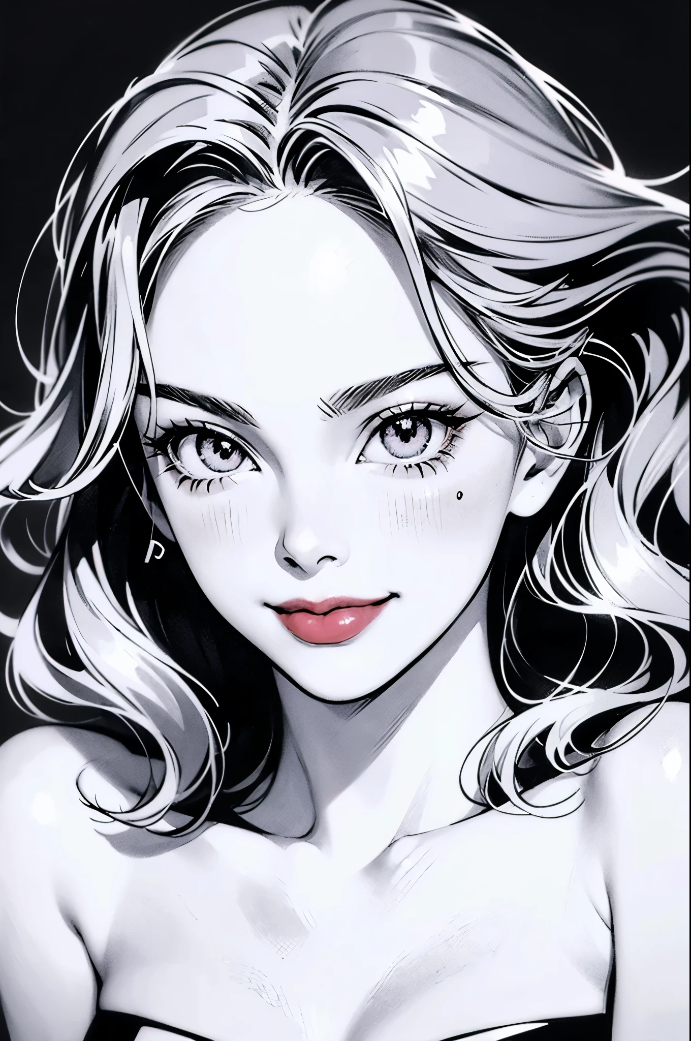 ((Manga illustration)), ((michelle pfeiffer)) half bod, solo , long hair,  looking at viewer, blush , smile , happy , red lipstick, solo, focus on eyes, plain background, (in vector style), ((monochrome Manga drawing))