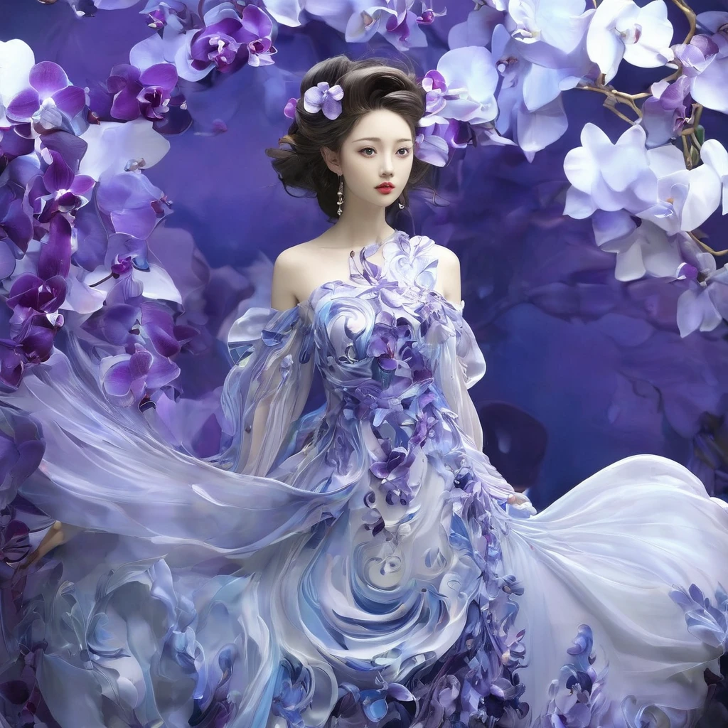 ((Reality、Hyper-Reality、Reality主義））,violet garden,Elegant temperament 18 year old girl,Goose egg face shape,Wearing a purple orchid dress,Spiral staircase,Go downstairs,