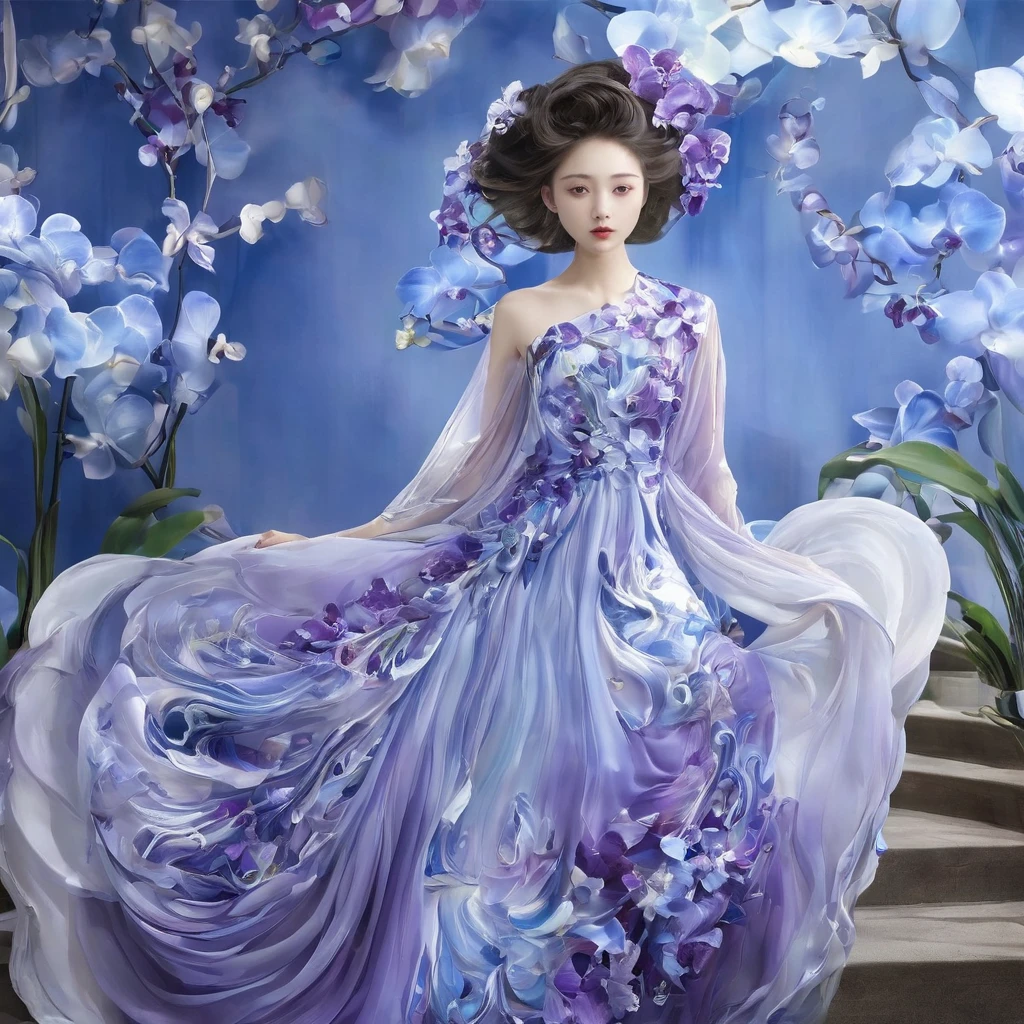 ((Reality、Hyper-Reality、Reality主義））,violet garden,Elegant temperament 18 year old girl,Goose egg face shape,Wearing a purple orchid dress,Spiral staircase,Go downstairs,