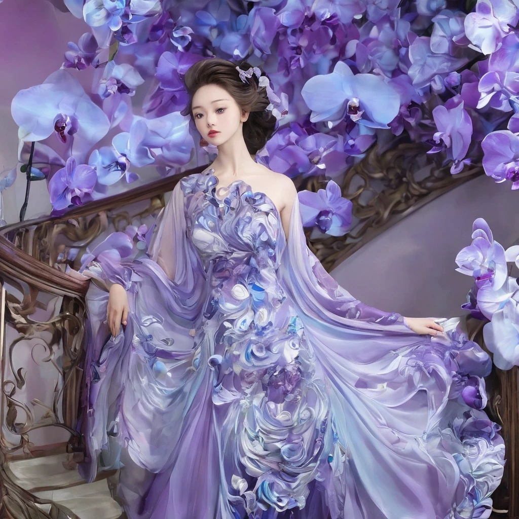 ((Reality、Hyper-Reality、Reality主義））,violet garden,Elegant temperament 18 year old girl,Goose egg face shape,Wearing a purple orchid dress,Spiral staircase,Go downstairs,