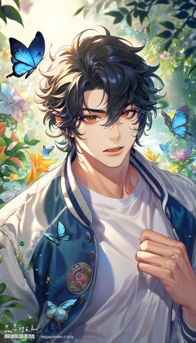 absurdres, highres, ultra detailed, HDR, master piece, best quality, extremely detailed face, delicated features, Cheng Xiaoshi, black hair, has curly hair that parts just above his left eye, expressive brown eyes, Shíguāng Dàilǐrén, solo, sexy man, handsome, steel blue letterman jacket, white T-shirt, fantasy, magical, butterflies, summer, green leaves, flowers, water