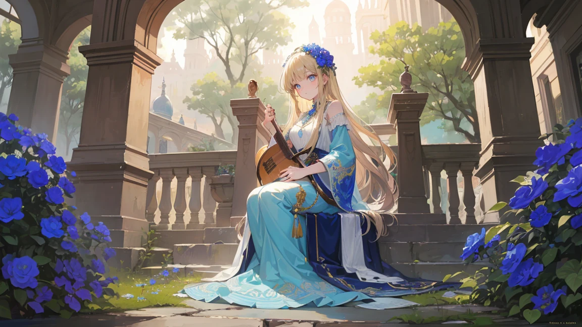 An anime-style illustration of a young woman playing a banjo. She has long, flowing blonde hair adorned with blue flowers and wears intricate, fantasy-inspired jewelry and clothing with rich blue and gold accents. The woman has a focused and serene expression, immersed in the music she is playing. The background features an ornate, vintage-style arch with intricate carvings and a scene depicting an ancient, mystical landscape with trees and historical architecture. The overall atmosphere is magical, serene, and nostalgic, blending elements of fantasy and historical art, all in a detailed and vibrant anime art style.