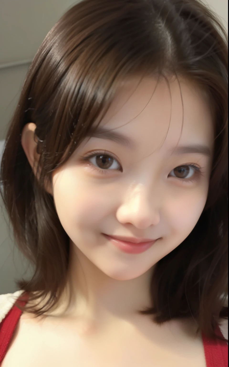 incredibly absurd, beautiful and cute 20-year-old Korean girl with a photorealistic face, showcasing top-quality craftsmanship. Her slender frame adorned with short, messy hair. The artwork high-resolution, allowing for ultra-detailed features to be captured flawlessly. The focus lies on the realistic pupils, showcasing depth and emotion. ((breasts out)) cute smile.