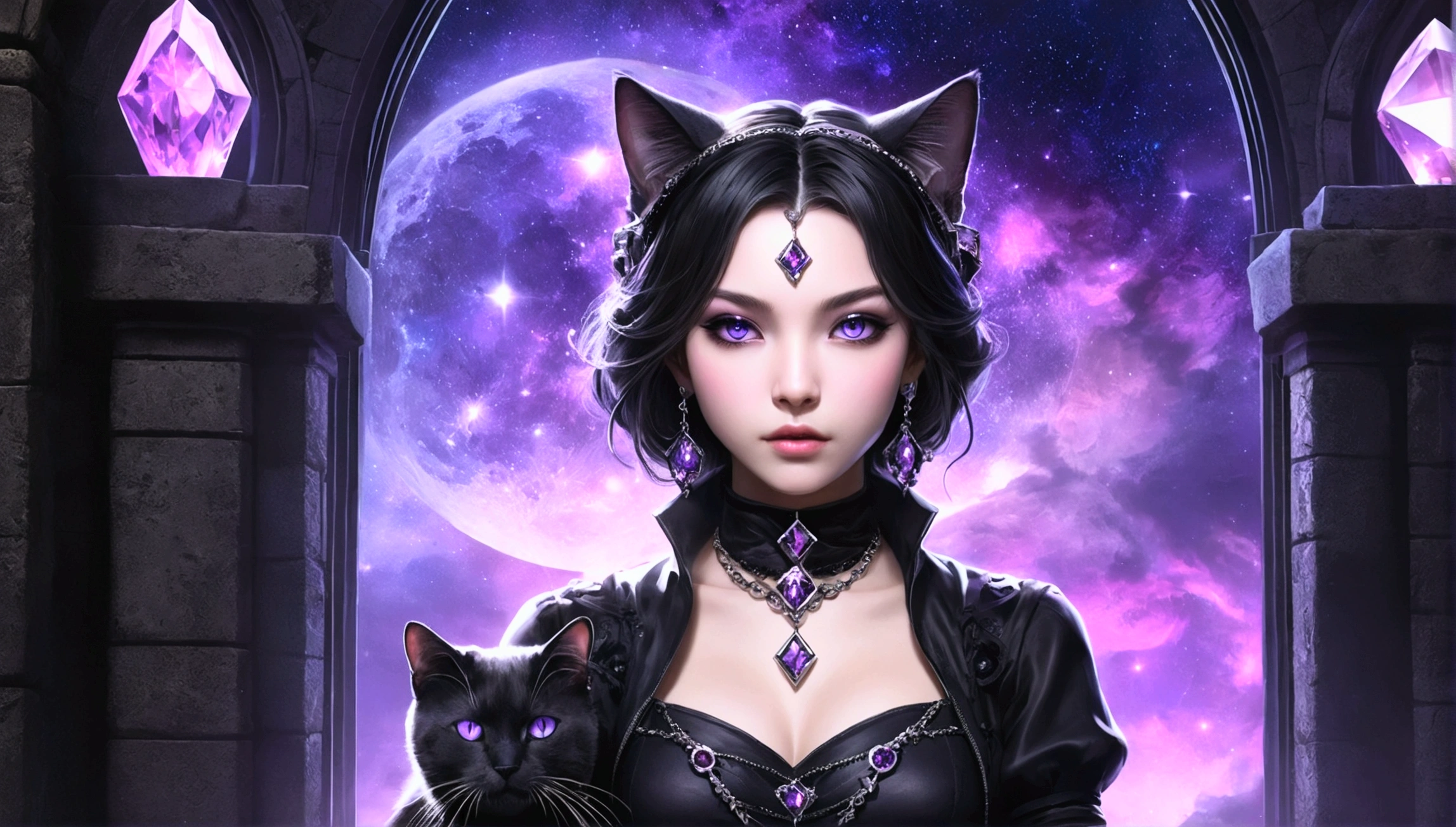 gamer woman, purples eyes, cat black, jewelry, Crystal, gothic woman, 正面, concept art portrait, castle, moonligh, stele, nebula background, arte anime