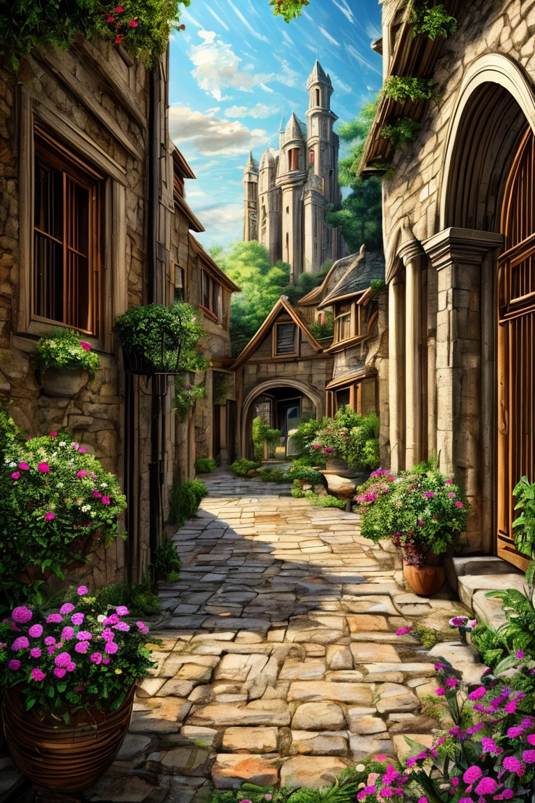 Very detailed, A realistic masterpiece of a surreal and imaginative painting of a medieval city, 8k resolution, Vibrant colors, hyperrealism style, naive art, Sharp focus, Physically Based Rendering, Professional Artistic Compositing, Outdoor natural scenery, green々Leaf, Dreamy atmosphere, Dramatic lighting, Mysterious feeling