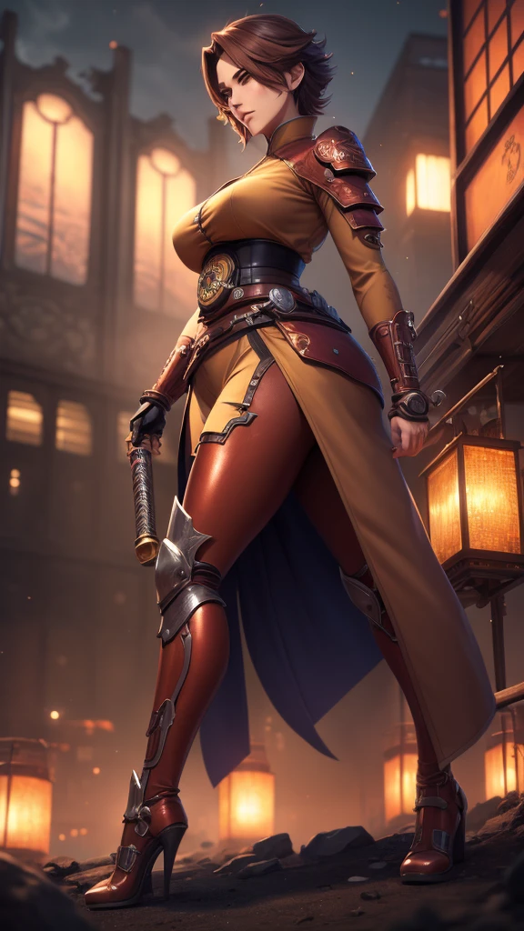 4K anime style, digital drawing mode, Steampunk and Samurai-themed anime female character, brown hair with copper highlights, determined green eyes, wearing a kimono-inspired outfit with gears and cogs, holding a katana with a steam-powered mechanism, background of a Victorian-era city with airships, pale skin, short hair, red lips, focused eyes, full body, dynamic pose, life size, perfect anatomy, detailed metal and fabric texture, full HD, 4K, HDR, depth of field."
