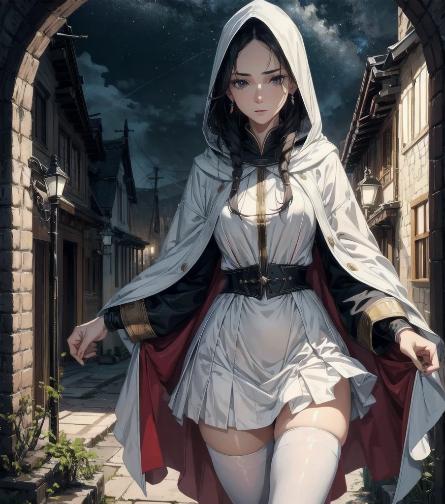 absurdres, RAW photo, extremely delicate and beautiful, masterpiece, Best Quality, ultra high resolution, 32k, hyperrealistic, ultra-detailed, Very detailed CG 8k wallpaper, detailed background, landscape, Beautiful Lighting, Perfect Lightning, Realistic Shadows, perfect anatomy, anatomically correct, ideal ratio body proportions, perfect figure, Perfect Style, Perfect balance, super Detailed skin, in her 30s, very Slim body, narrow waist, very small head, very small face, delicate facial features, handsome detailed woman, very detailed eyes and face, realistic face proportions, Realistic beautiful face, Realistic beautiful eyes, tearful mole, earring, whole body shot, very huge round tits, medium hair, asymmetrical hair, wavy hair, outdoor, Maiden, white stockings, round red thread striped road black robe, hood, cape, mage, holy girl