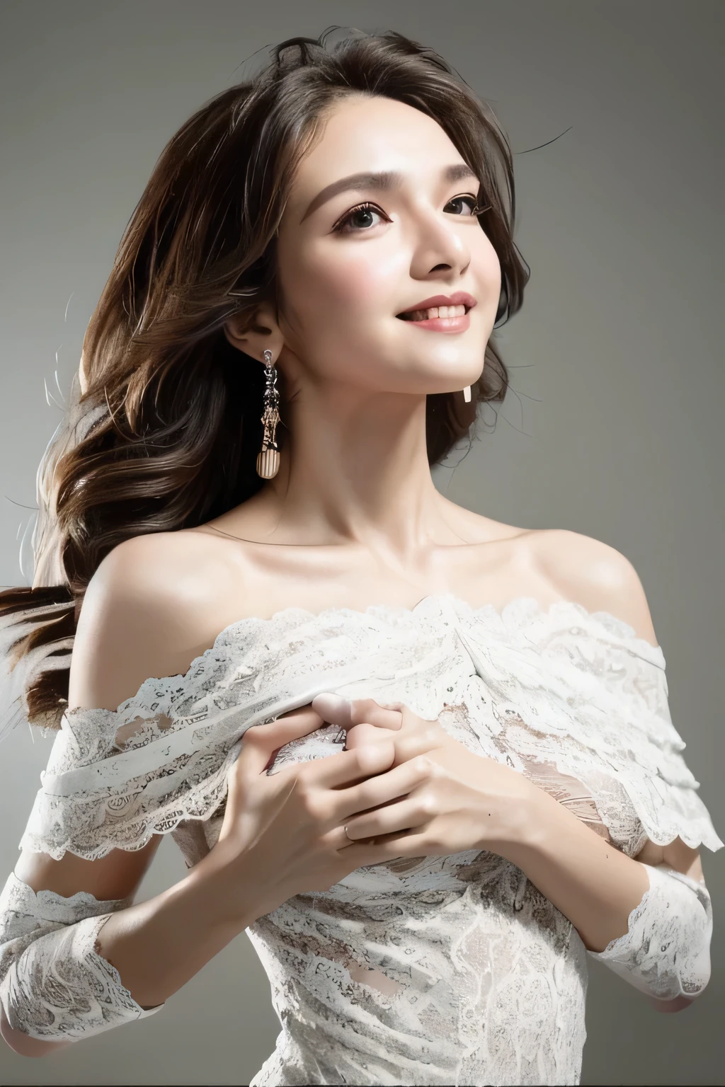 ((Highest quality, 8k, masterpiece: 1.3)), sharp: 1.2, Perfect Body Beauty: 1.6, ((Layered Hairstyles, Big Breasts: 2.0)), (white and long legs: 2.0), (white lace dress: 2.0, Off-the-shoulder dress: 2.0, Dresses with visible breasts: 2.0), ((long hair: 2.0)), ((necklace)), Earrings, ring, Bracelet, Hair Accessories, ((Beautiful young ager woman)), ((Straight nose)), (Eyeliner), Armpit Hair, Bristles, ((White and beautiful skin)), Wavy Hair, Beautiful attention to detail, Super detailed, Highly detailed face and skin texture, fine grain, double eyelid, Black Hair, Big Ass, Lower Body, Thighs, (((Skinny))), Wet and shiny lips, smile, Get a grip on your body, ((Anatomically correct human body)), ((Crisp body shape)), Ribs, clavicle, Protruding skeleton, A face without nasolabial folds, Shyness, Thin eyebrows, Big eyes, (shoot from side: 1.0), (Narrow shoulders: 2.0), (Smile: 1.0), (One arm raised: 1.0), (The dress is lifted up by the chest: 1.0)