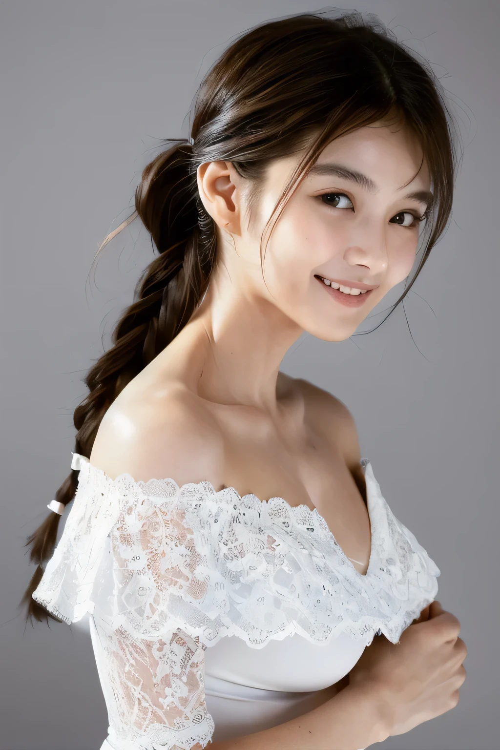 ((Highest quality, 8k, masterpiece: 1.3)), sharp: 1.2, Perfect Body Beauty: 1.6, ((Layered Hairstyles, ???????????: 2.0)), (white and long legs: 2.0), (white lace dress: 2.0, Off-the-shoulder dress: 2.0, Dresses with visible ???????: 2.0), ((long hair: 2.0)), ((necklace)), Earrings, ring, Bracelet, Hair Accessories, ((Beautiful young teenager woman)), ((Straight nose)), (Eyeliner), Armpit Hair, Bristles, ((White and beautiful skin)), Wavy Hair, Beautiful attention to detail, Super detailed, Highly detailed face and skin texture, fine grain, double eyelid, Black Hair, Big ???, Lower Body, Thighs, (((Skinny))), Wet and shiny lips, smile, Get a grip on your body, ((Anatomically correct human body)), ((Crisp body shape)), Ribs, clavicle, Protruding skeleton, A face without nasolabial folds, Shyness, Thin eyebrows, Big eyes, (shoot from side: 1.0), (Narrow shoulders: 2.0), (Smile: 1.0), (One arm raised: 1.0), (The dress is lifted up by the ?????: 1.0)