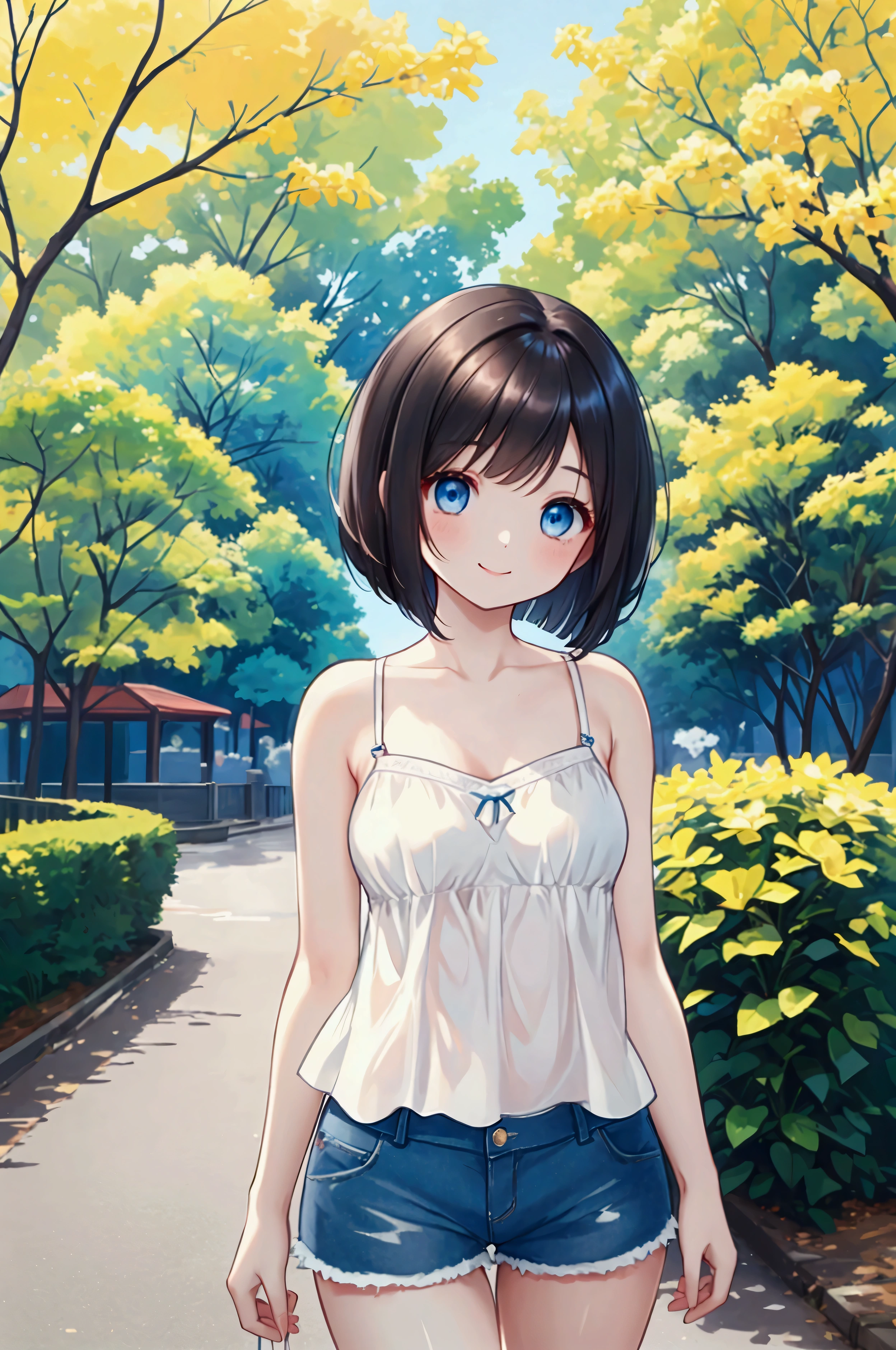 Photorealistic、Highest quality、Highest Resolution、Highest quality、８Ｋ、One beautiful woman、Cute face、Bob cut hair、Dark Hair Color、Pale blue eyes、Beautiful breasts、camisole、Shorts、smile、Walking in the park、