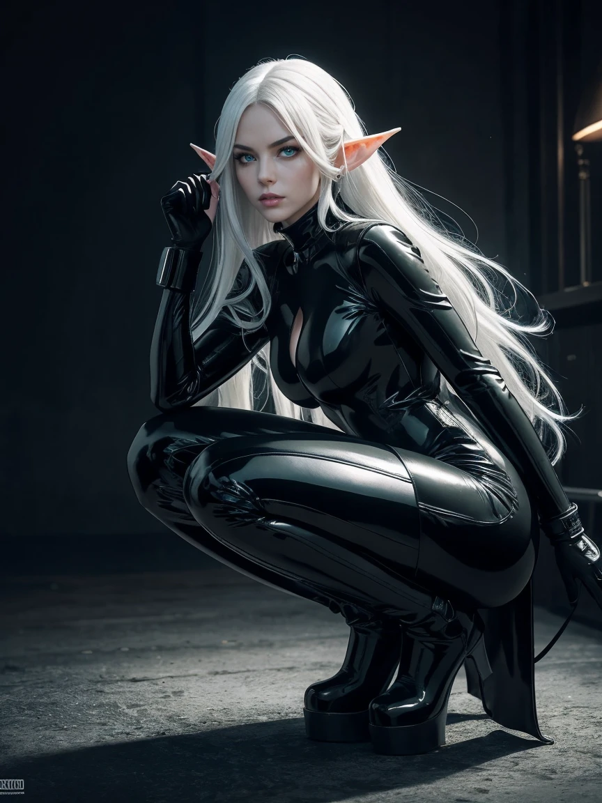 solo, super fine photo, portrait Unreal Engine 5 8K UHD of malicious gothic beautiful girl, sexy, elf, long White hair, Green eyes, crouching in a skin tight black latex outfit, sensual pose, slick black catsuit, black iconic character, smooth black skin, black body, PVC, some black, futuristic glossy latex suit, rubber suit, collar, rubber glove, rubber high boots, arm and leg cuffs, straps, best quality, masterpiece, official art, unified 8k wallpaper, super detailed, sharp focus, dynamic pose, body parts, no extra limbs, precisely anatomy