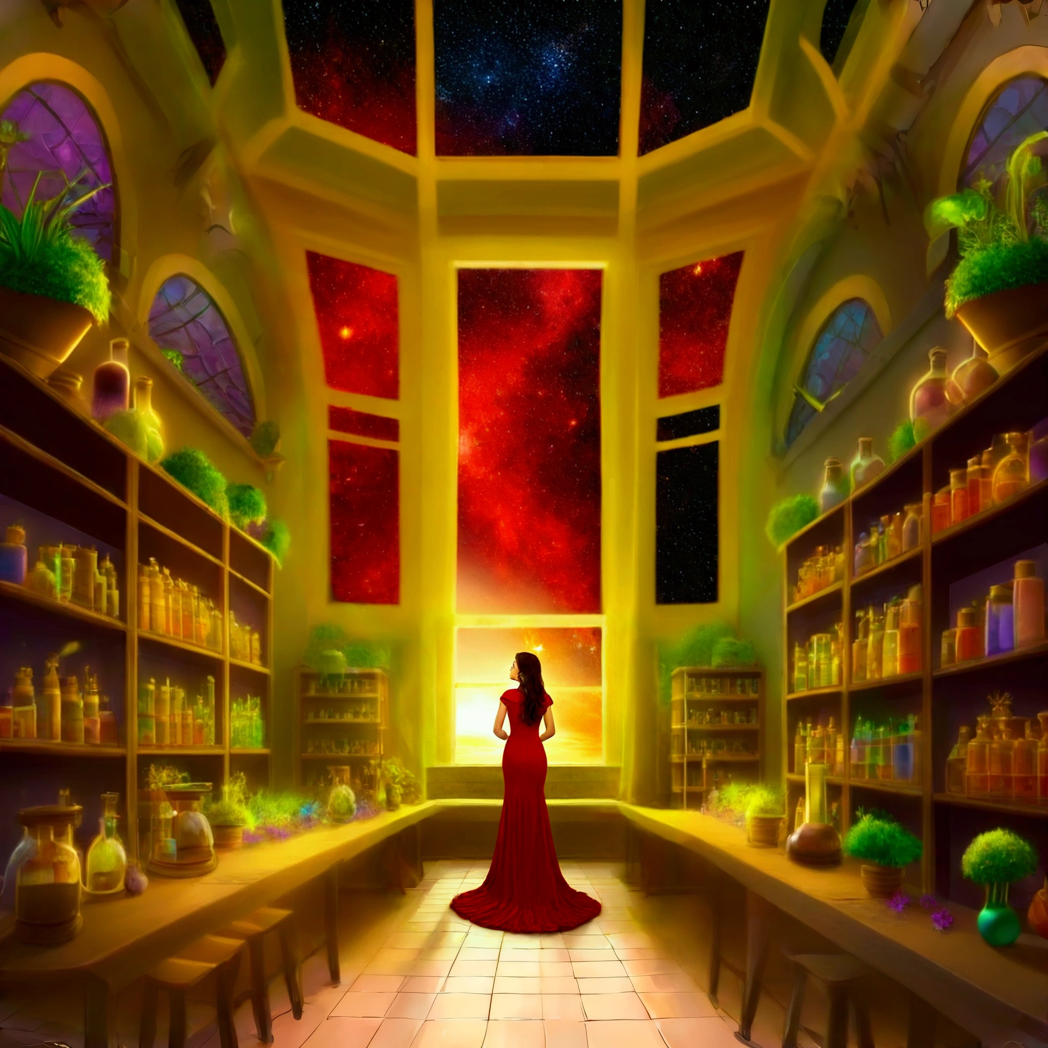 woman red dress looking sky window night stars, fantasy style, fantasy colors