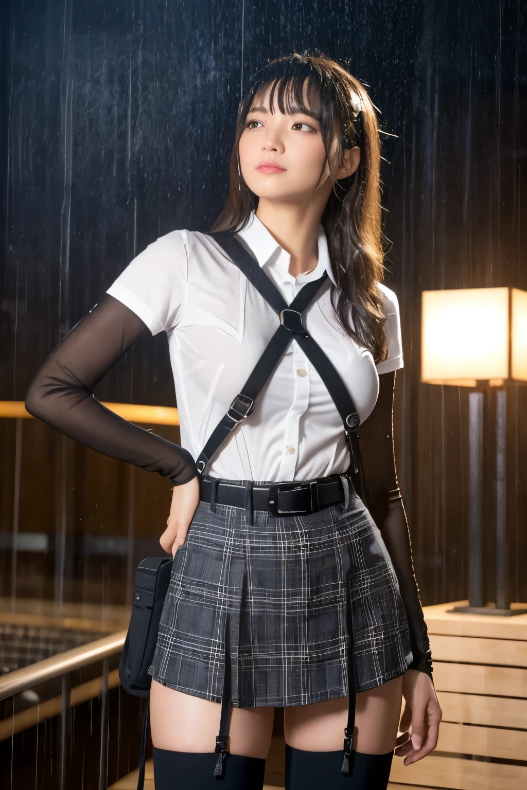 1 female, , high quality, masterpiece, Ultra-high resolution, , Cinema Lighting, , , 1 female, , high quality, masterpiece, Ultra-high resolution, , Cinema Lighting, , , And the suspenders with the cranes flying　　　Moderate breasts　 　 　　　　Large Breasts　 　 　　　　Small face　 　　　　　　　　　　 Lying in bed　Looking up　　　　Sweat 　　　Thin belt　summer　脇Sweat 　Black Hole Gloves　suit　　　　 　garterベルト　Leg Links　Belt on pants　　holster　 　　Hands behind your back　 Anxious expression　Looking up　Anxious face　Knee-high　Knee socks　Knee-highソックス garterベルト　garter　ふとももにgarterベルト　Checkered mini skirt　 Headband　ribbon　Panty shot　スカートの隙間 Armament　　　レッグholster　holster 　　Hands behind your back　 Anxious expression　Looking up　Anxious face 足を横に開く　Armament　　レッグholster　holster　See-through clothing　heavy rain　Getting wet in the rain