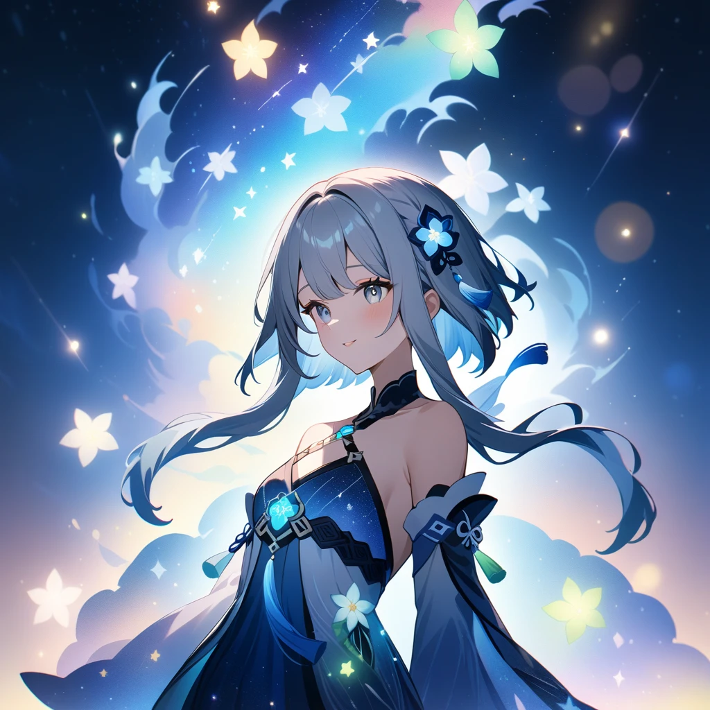 1girl, guizhong_\(genshin_impact\),(grey hair),short_hair_with_long_locks in front and low ponytail in back,(pale grey eyes with seafoam gradient),starry_sky_print,detached_sleeves white outside blue starry inside, hands completely hidden by long sleeves,stunning field of softly glowing cerulean and white glaze lilies,night scene,gentle smile,face focus, eye focus,ladyshadow,moonlight,glossy lips,vivid anime coloring,cel shading,smooth, soft dreamy focus,anklet,halter_top,white clothes,highly detailed,digital painting,bare_shoulders,barefoot,cool night tones, magical night scene,bokeh, professional,anemo colored fireflies,nebula of rainbow and silvery vapor,harmonious blend of nature and art,transcendent beauty,awe-inspiring artwork,(best quality,4k,8k,highres,masterpiece:1.2),yunamaro,carnelian,dsmile,countless glittering stars,cosmic stardust