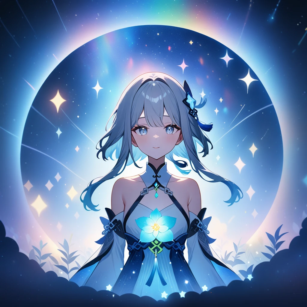 1girl, guizhong_\(genshin_impact\),(grey hair),short_hair_with_long_locks in front and low ponytail in back,(pale grey eyes with seafoam gradient),starry_sky_print,detached_sleeves white outside blue starry inside, hands completely hidden by long sleeves,stunning field of softly glowing cerulean and white glaze lilies,night scene,gentle smile,face focus, eye focus,ladyshadow,moonlight,glossy lips,vivid anime coloring,cel shading,smooth, soft dreamy focus,anklet,halter_top,white clothes,highly detailed,digital painting,bare_shoulders,barefoot,cool night tones, magical night scene,bokeh, professional,anemo colored fireflies,nebula of rainbow and silvery vapor,harmonious blend of nature and art,transcendent beauty,awe-inspiring artwork,(best quality,4k,8k,highres,masterpiece:1.2),yunamaro,carnelian,dsmile,countless glittering stars,cosmic stardust