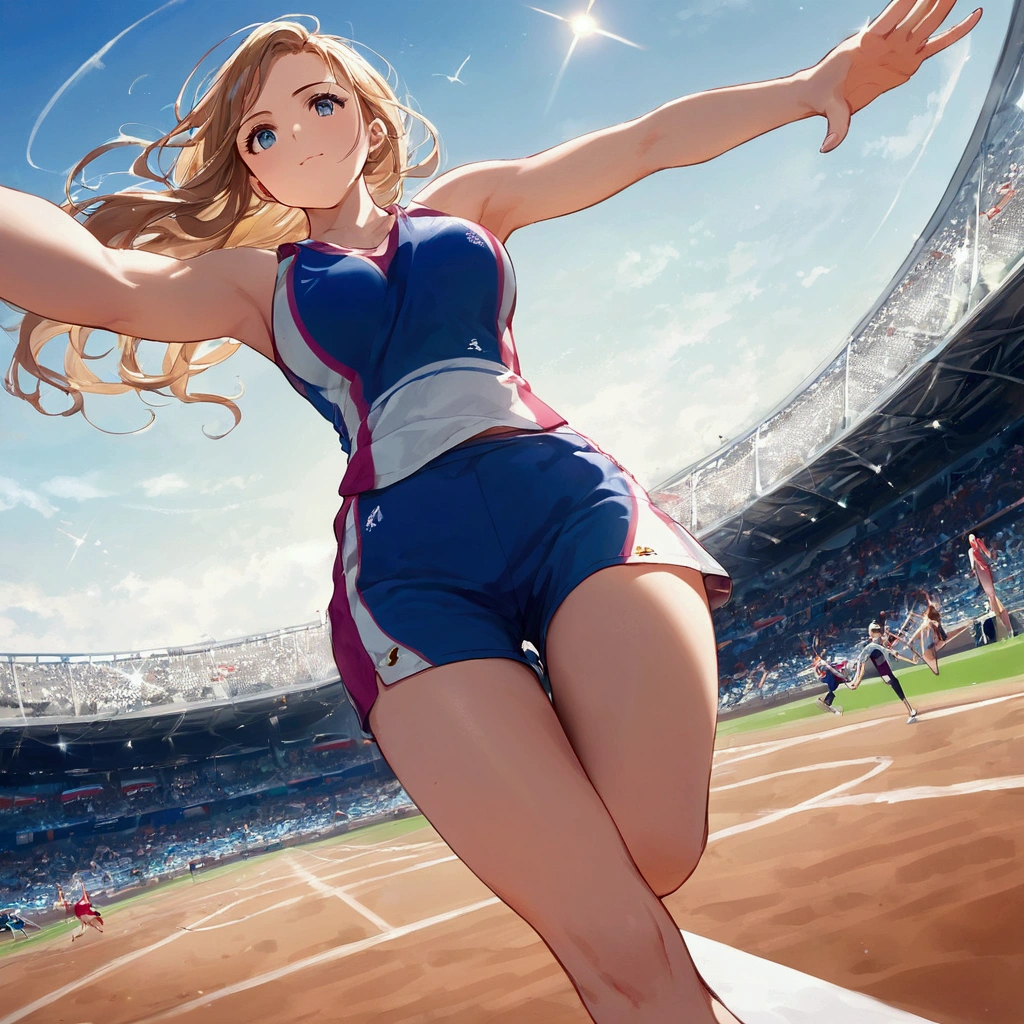 score_9, score_8_up, source anime, official art, 8k, ultra-detailed,very aesthetic, absurdres, perfect anatomy, from below, low angle shot, multiple girls, women athletes running in the track, Olympic, outdoor, stadium, cinematic lighting, newest, Perfect Hands