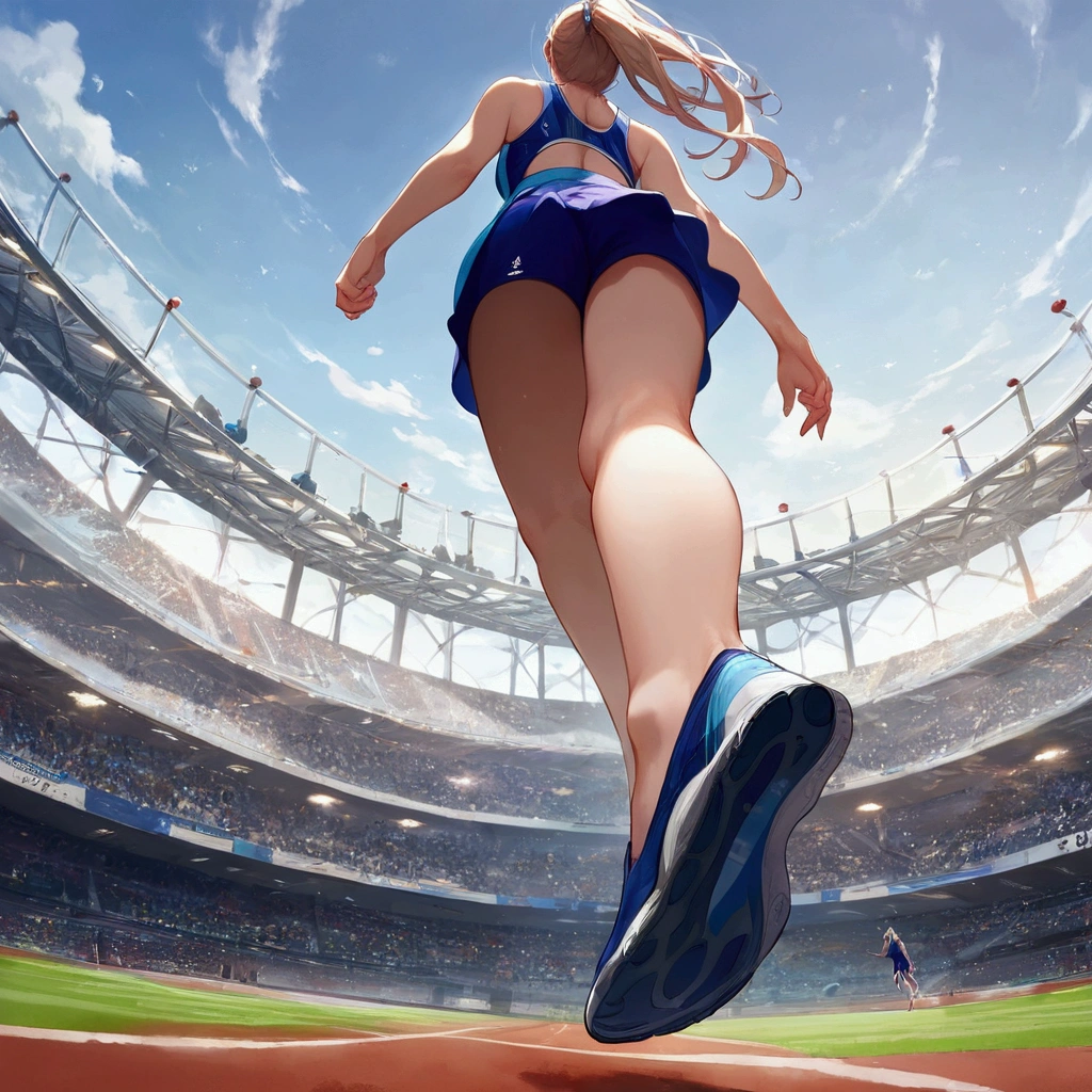 score_9, score_8_up, source anime, official art, 8k, ultra-detailed,very aesthetic, absurdres, perfect anatomy, from below, low angle shot, multiple girls, women athletes running in the track, Olympic, outdoor, stadium, cinematic lighting, newest, Perfect Hands